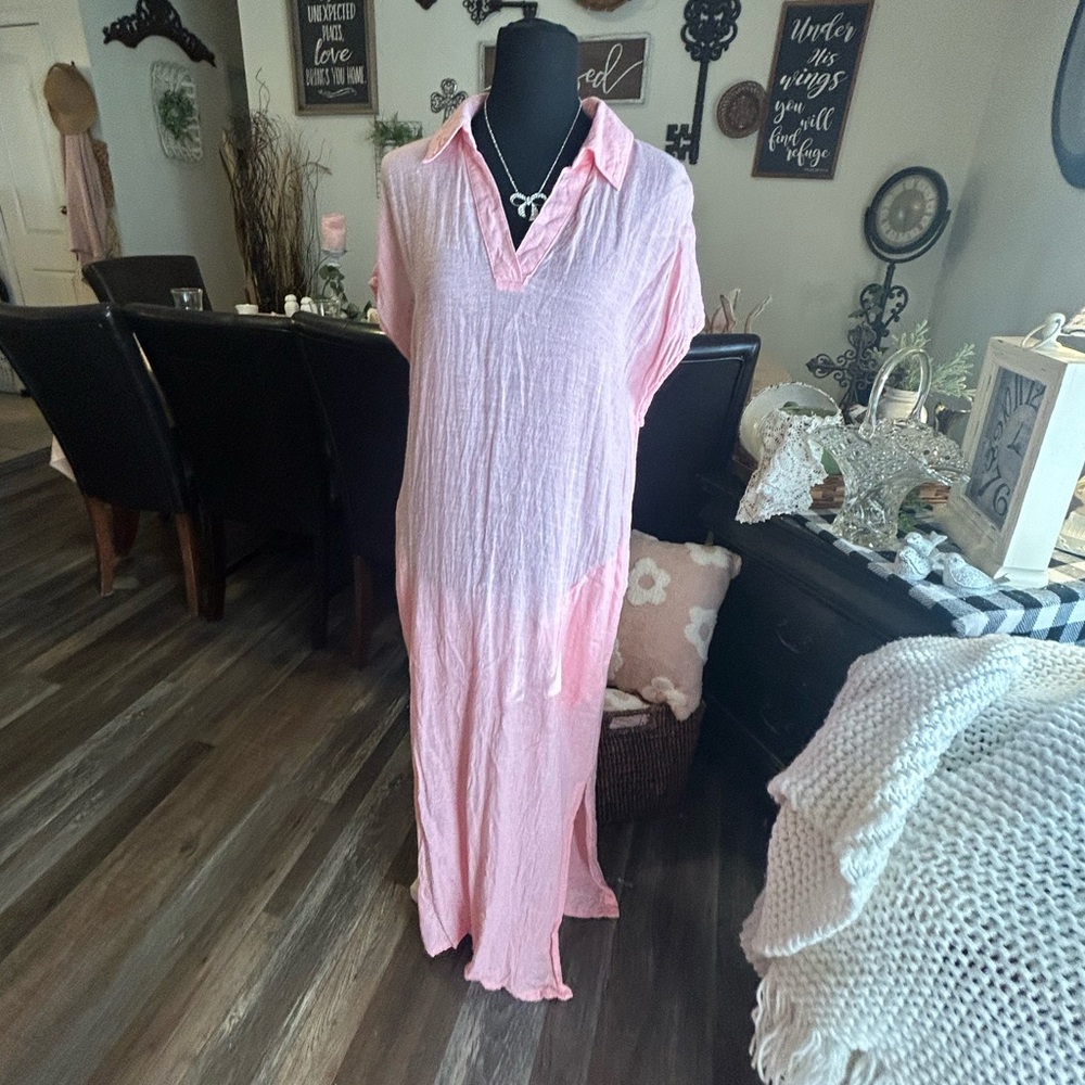 $25 sale Tahari Pink linen Short Sleeve Collared Maxi Cover Up maxi dress pits